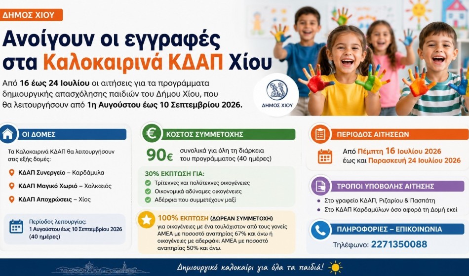 ΔΗΜΟΣ ΧΙΟΥ: ΑΡΧΙΣΑΝ ΟΙ ΕΓΓΡΑΦΕΣ ΓΙΑ ΤΑ ΚΑΛΟΚΑΙΡΙΝΑ ΚΔΑΠ